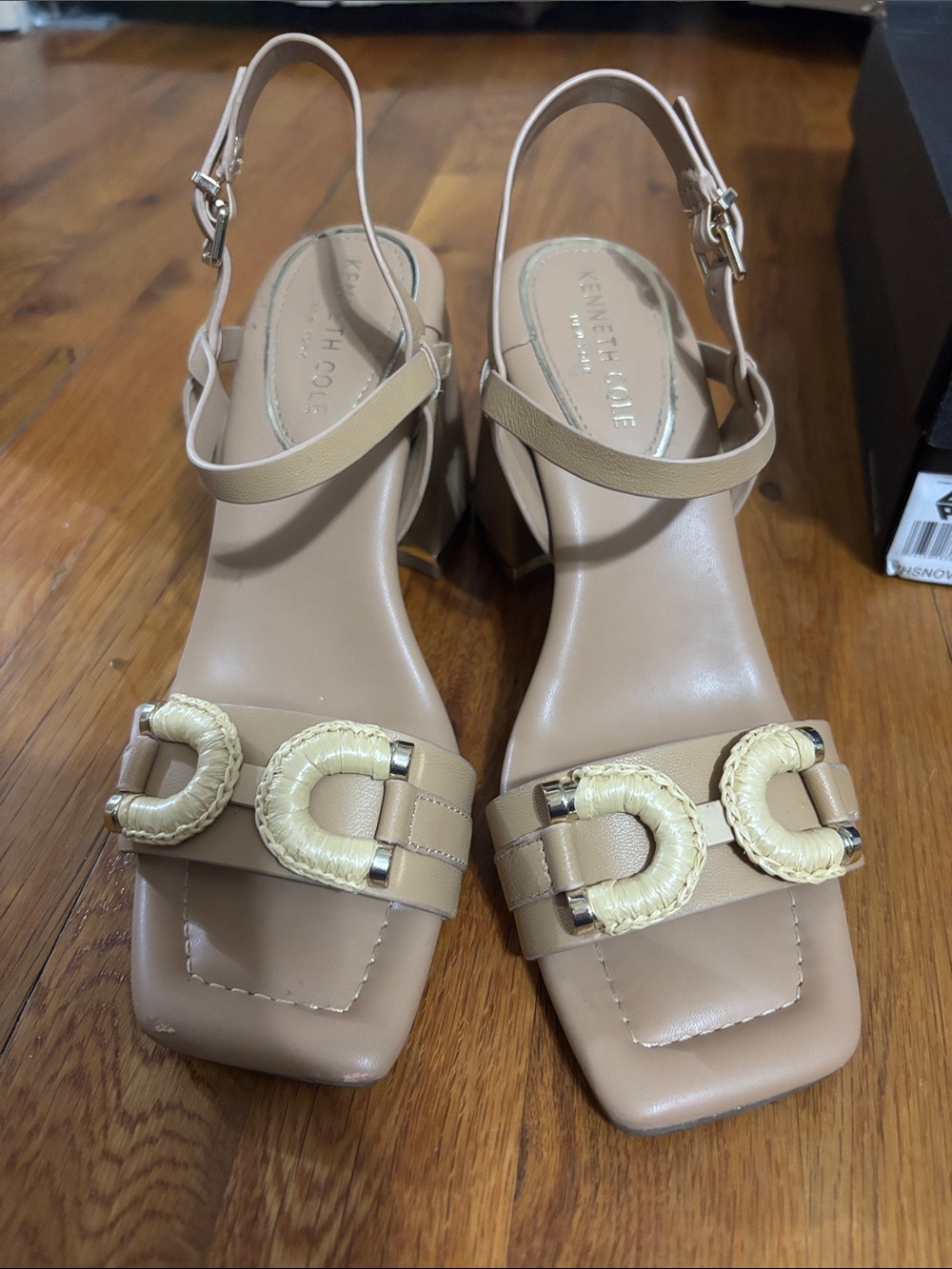 Kenneth Cole Beige Slingback Leather Block Heel Sandals with Woven Buckle Detail